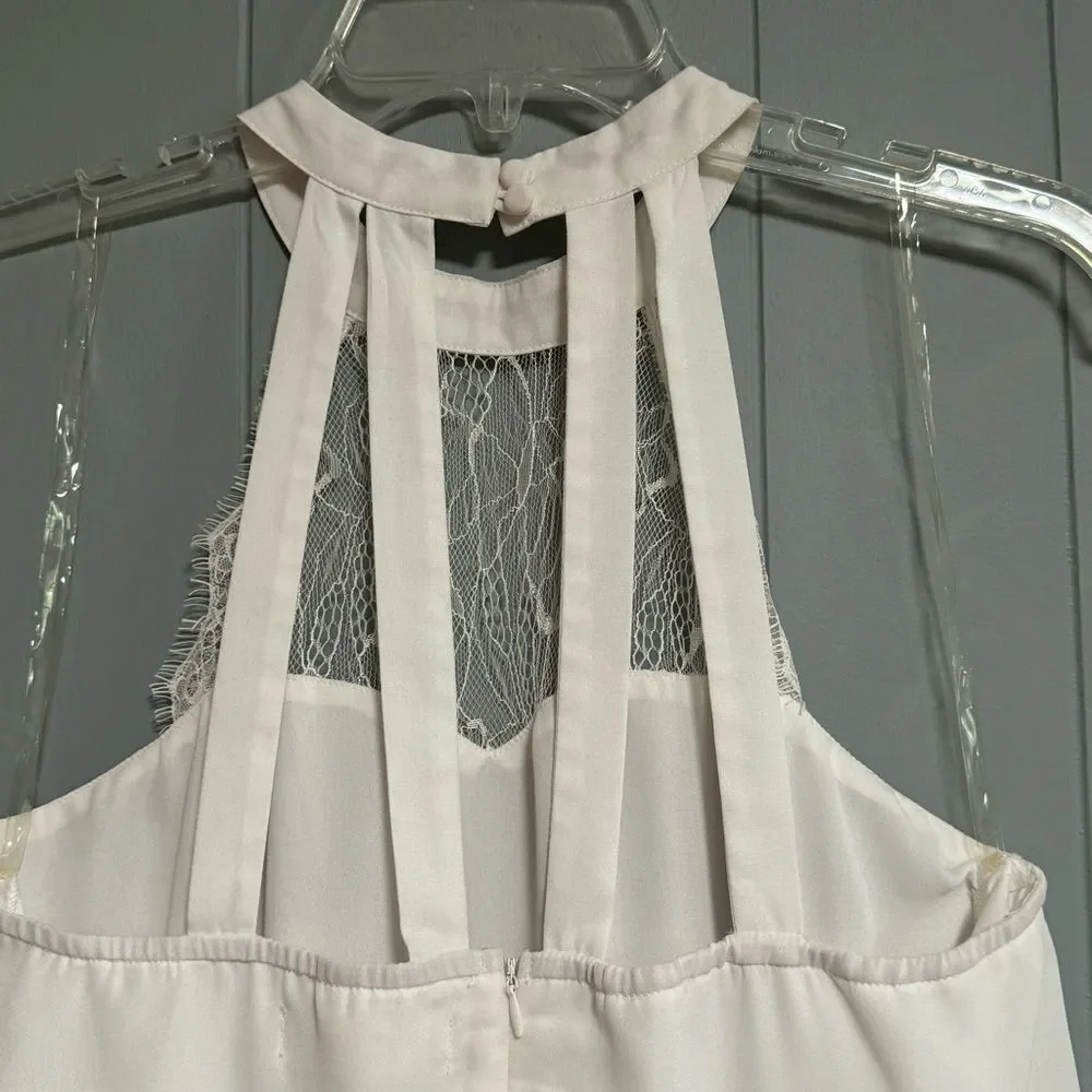 IMPRESSIONS White Layered Mini Dress with Lace and Straps Halter Neckline Size M